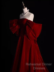 Modest A Line Strapless Long Short Sleeves Satin Red Semi Formal Prom Dresses