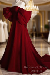Modest A Line Strapless Long Short Sleeves Satin Red Semi Formal Prom Dresses