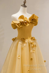 Modest A Line Strapless Yellow Tulle Long Semi Formal Prom Dress Party Dress