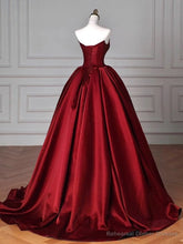 Modest Ball Gown Strapless Burgundy Satin Floor Length Evening Dress Prom Dresses