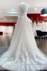 Modest Long A-line V-neck Open Back Tulle Wedding Dresses with Appliques Lace