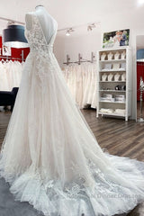 Modest Long A-line V-neck Open Back Tulle Wedding Dresses with Appliques Lace