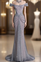 Modest Mermaid Off The Shoulder Sequin Long Semi Formal Prom Dresses Formal Graduation Party Dress Evening Dress