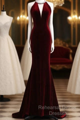 Modest Mermaid Scoop Neckline Burgundy Velvet Long Party Dress Semi Formal Prom Dress