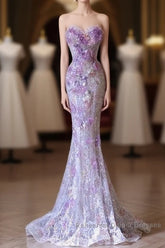 Modest Mermaid Sweetheart Lilac Tulle Sequin Flowers Evening Dress Long Semi Formal Prom Dresses
