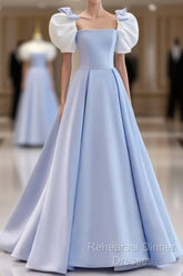 Modest Princess Short Sleeves Long Blue Satin Semi Formal Prom Dress