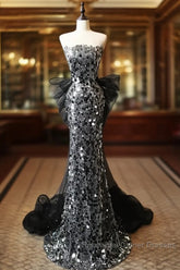 Modest Silver Mermaid Strapless Sequin Tulle Long Semi Formal Prom Dress Formal Evening Dress