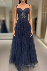 Navy Blue A-Line Tulle With Lace Evening Prom Dress, Navy Blue Long Party Dress