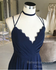 Navy Blue Chiffon Backless Bridesmaid Long Dresses Lace Appliques