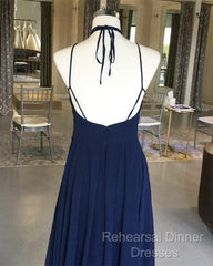 Navy Blue Chiffon Backless Bridesmaid Long Dresses Lace Appliques