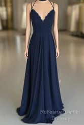 Navy Blue Chiffon Backless Bridesmaid Long Dresses Lace Appliques
