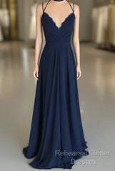 Navy Blue Chiffon Backless Bridesmaid Long Dresses Lace Appliques