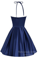 Navy Blue Cute Halter Satin Short Homecoming Dress, Blue Semi Formal Prom Dress Party Dress