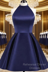 Navy Blue Cute Halter Satin Short Homecoming Dress, Blue Semi Formal Prom Dress Party Dress