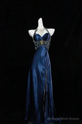 Navy Blue Halter Beaded Prom Dress Long Evening Dress
