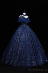 Navy Blue High Neckline Tulle with Lace Formal Dress, Navy Blue Ball Gown Sweet 16 Dress