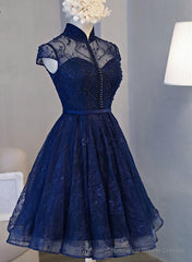 Navy Blue Knee Length Lace Party Dress, Homecoming Dress
