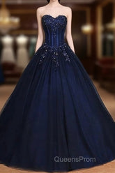 Navy Blue Lace Applique Tulle Long Party Dress Formal Gown Off Shoulder Floor Length Evening Prom Dress