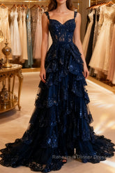 Navy Blue Lace Layered A Line Semi Formal Prom Dress