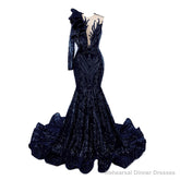 Navy Blue Mermaid One Sleeve Prom Dresses Sequined Lace Jewel Ruffles Evening Party Dress with Appliques
