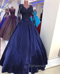 Navy Blue Satin Ball Gown Semi Formal Prom Dresses Lace Long Sleeves