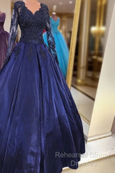 Navy Blue Satin Ball Gown Semi Formal Prom Dresses Lace Long Sleeves
