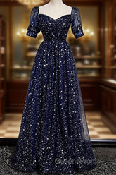 Navy Blue Simple Tulle Short Sleeves Evening Prom Dress, Navy Blue Long Evening Dress
