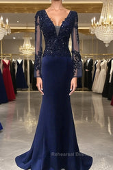 Navy Blue Spandex Long Sleeves Mermaid Evening Dress, Navy Blue Semi Formal Prom Dress