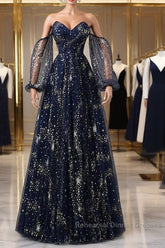 Navy Blue Tulle A-Line Long Party Dress Evening Dress, Navy Blue Long Semi Formal Prom Dress