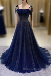 Navy Blue Tulle Beaded Long Semi Formal Prom Dress Evening Dress