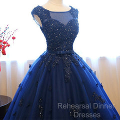 Navy Blue Tulle Cap Sleeves Quinceanera Dresses, Blue Beaded Ball Gown Party Dress