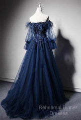 Navy Blue Tulle Lace Beading Off-Shoulder Formal Evening Dresses Semi Formal Prom Dresses