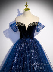 Navy Blue Tulle Off Shoulder Beaded Long Party Dress, Navy Blue Tulle Semi Formal Prom Dress