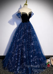Navy Blue Tulle Off Shoulder Beaded Long Party Dress, Navy Blue Tulle Semi Formal Prom Dress