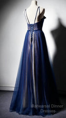 Navy Blue Tulle V Neck Long Women Semi Formal Prom Dress, Lace Up Evening Dress