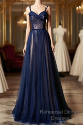 Navy Blue Tulle V Neck Long Women Semi Formal Prom Dress, Lace Up Evening Dress