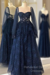 Navy Blue Tulle With Lace Long Sleeves Semi Formal Prom Dress, Navy Blue Party Dress