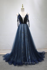 Navy Blue Velvet And Tulle Long Semi Formal Prom Dress Party Dress, Navy Blue Evening Dress
