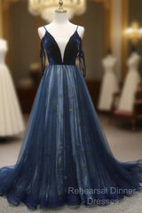 Navy Blue Velvet And Tulle Long Semi Formal Prom Dress Party Dress, Navy Blue Evening Dress