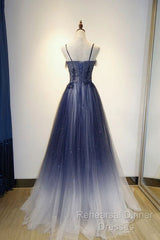 Navy Gradient A Line Tulle Long Formal Semi Formal Prom Dresses