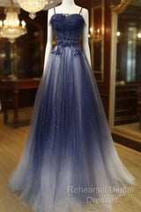 Navy Gradient A Line Tulle Long Formal Semi Formal Prom Dresses