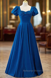 Noble And Elegant Blue Satin Retro Square Neck Short Sleeved Ball Dress With Blue Backless Strap And Floor Length Evening Dress