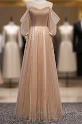 Noble And Elegant Champagne Beaded Long Sleeved Off Shoulder Ball Dress Champagne A-Line Princess Off Shoulder Strap And Floor Length Semi Formal Prom Dress