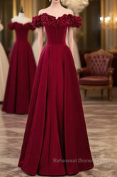 Noble And Elegant Wine Red Sleeveless Off Shoulder Beaded Ball Dress With Wine Red A-Shaped Backless Strap And Ground Length Ruffled Hem Semi Formal Prom Dress