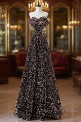Off Shoulder A-Line Coffee Gold Sequin Long Semi Formal Prom Dress, Coffee Gold Evening Dress