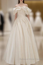 Off Shoulder A-Line Satin Beige Long Semi Formal Prom Dress, Beige Long Formal Dress