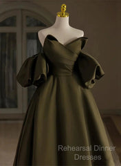 Off Shoulder A-Line Satin Green Long Party Dress, Green Evening Dress Semi Formal Prom Dress