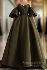 Off Shoulder A-Line Satin Green Long Party Dress, Green Evening Dress Semi Formal Prom Dress