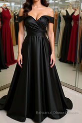 Off Shoulder Black Satin Long Semi Formal Prom Dresses, Long Black Formal Graduation Evening Dresses