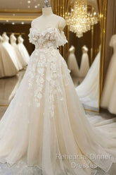 Off Shoulder Light Champagne Tulle Lace Long Semi Formal Prom Dress, Light Champagne Lace Formal Evening Dress A1583